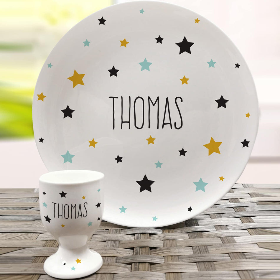 Personalised Star Bone China Plate and Egg Cup
