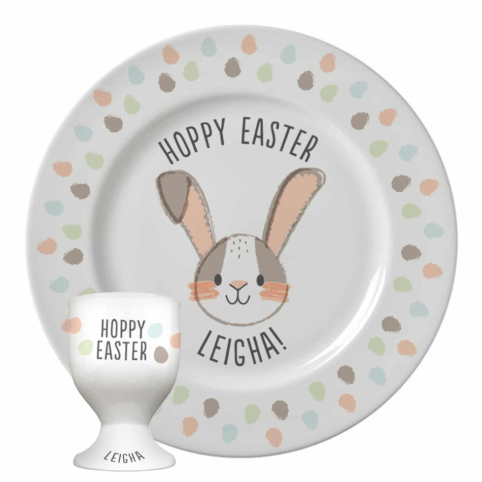 Personalised Hoppy Easter Bone China Plate and Egg Cup