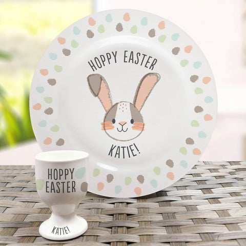 Personalised Hoppy Easter Bone China Plate and Egg Cup