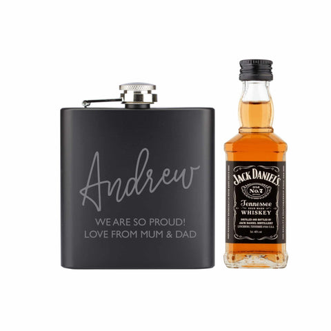 Black Hip Flask and Miniature Jack Daniels