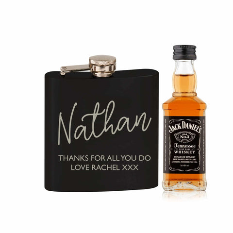 Black Hip Flask and Miniature Jack Daniels