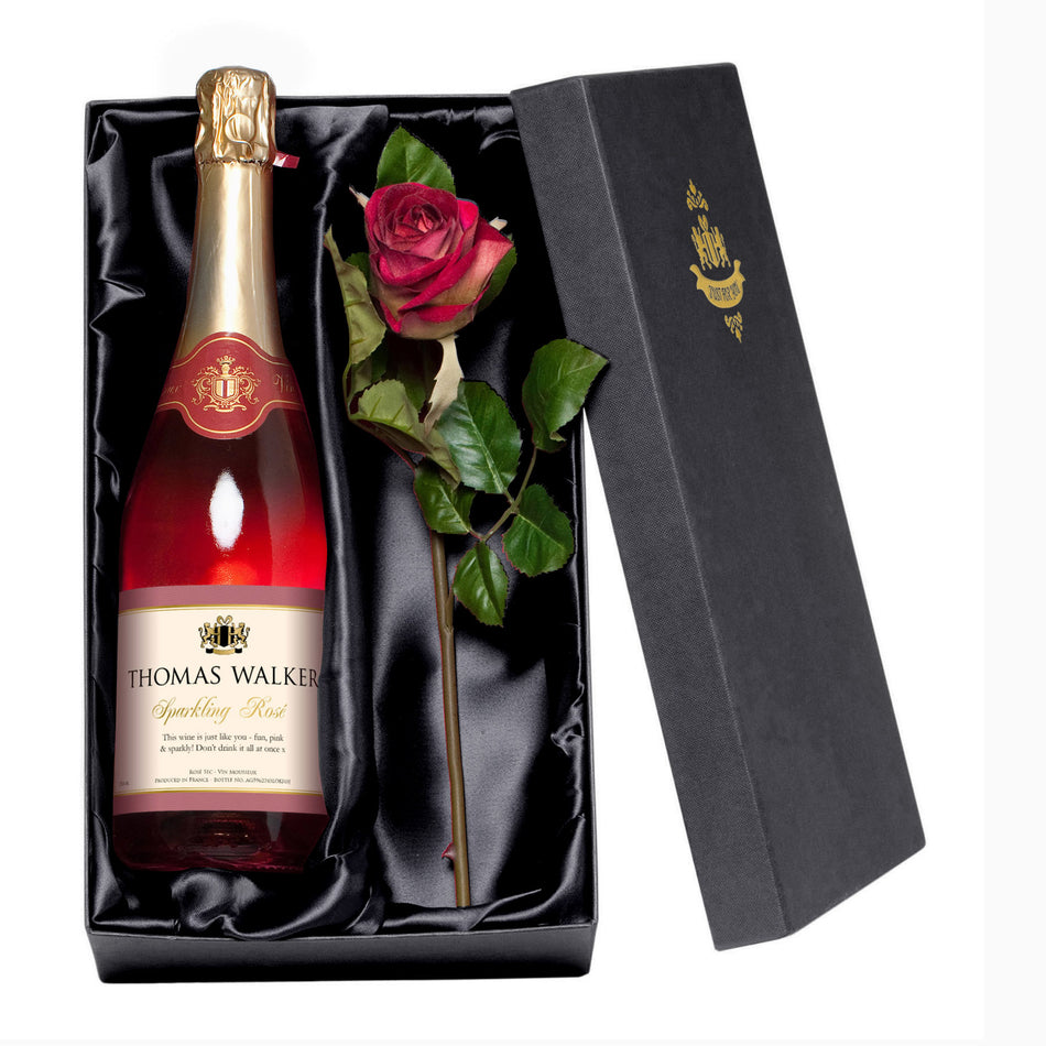 Personalised Sparkling Rosé Wine & Silk Rose